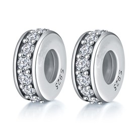 GW 2pcs S925 Silver Spacer Stopper Bead Charm for Snake Chain Style Bracelets European Bracelet Chain, Silver, Cubic Zirconia