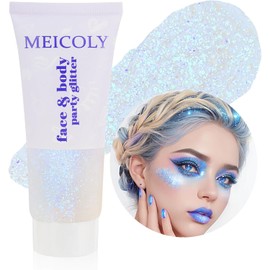 MEICOLY - Brillo corporal azul brillante, purpurina para Halloween, gel de purpurina que cambia de color para cuerpo, cara, cabello, labios, ojos, lentejuelas de larga duración, maquillaje con