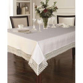 Violet Linen Legacy Cobblestone Design, Macrame Lace Border, Polyester Jacquard, White, 70 Inch by 132 Inch, Seats 10 to 12 People, Rectangle Tablecloths