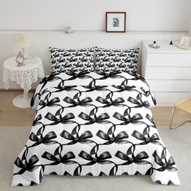 Full Size Coquette Bows Duvet Quilt Boys Girls Watercolor Bow Bedding Set for Kids Women Men Ultra Soft Cute Bowknot Comforter Set Black Room Decor Bedclothes Breathable Soft Lightweight Microfiber