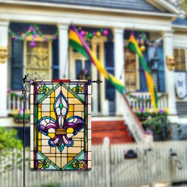 Jauageon Welcome Mardi Gras Garden Flag Fleur de Lis Garden Flag Glass Style Welcome New Orleans Vertical Double Sided Rustic Farmland Burlap Yard Lawn Outdoor Decor 12.5x18"