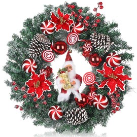 Knitgrip 20 Inch Christmas Wreaths for Front Door with Santa Claus Pinecone Red Berries Poinsettias Winter Xmas Wreath with Red and White Balls Peppermint Candies for Outdoor Indoor Window