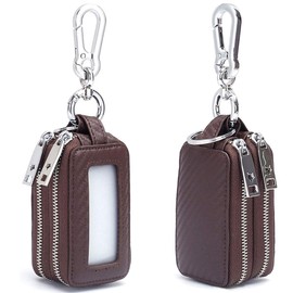 Aileder Car Key Case Genuine Leather Car Key Wallet Keychain Holder with Metal Hook and Window, Double Zip Pocket for Car Fobs and House Keys, dark brown
