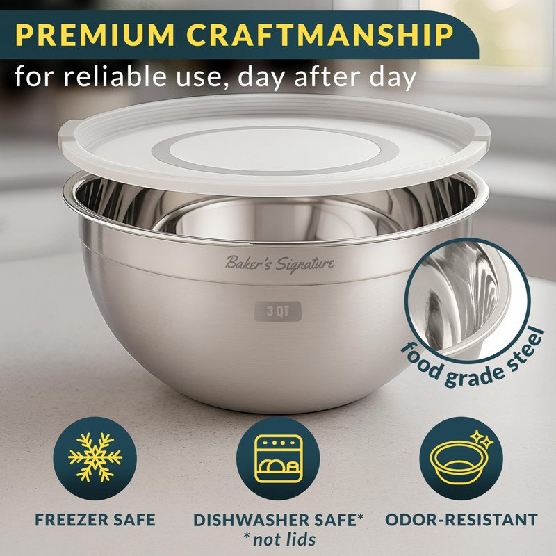 Baker's Signature Stainless Steel Mixing Bowls With Lid, Metal Mixing