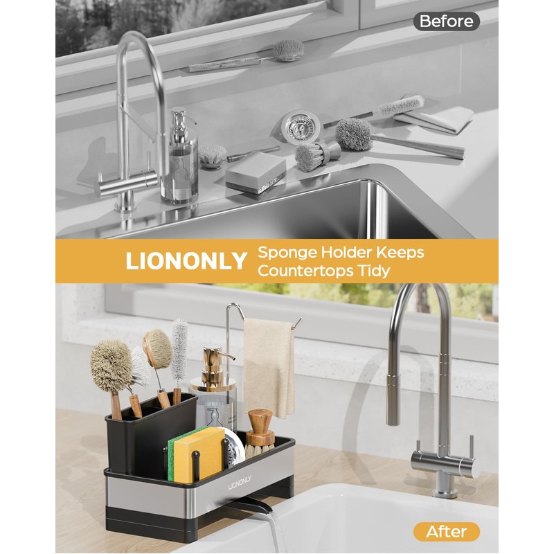 LIONONLY Kitchen Sink Organiser, Stainless Steel Sponge Holder Kitchen with