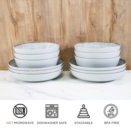 TP 12-Piece Dinnerware Set, Melamine Dishes Set with Bowls and Plates, Non-breakable and Lightweight Round Dinner Set for 4, Grey