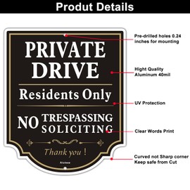 Private Drive No Trespassing Sign, Residents Only Sign, No Soliciting Aluminum Warning Signs, UV Protected and Weatherproof, Easy to Mount, Outdoor use