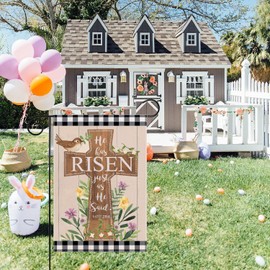 Easter He is Risen Garden Flag for Outside 12x18 Double Sided - Religious Decor Christian Farmhouse Holiday Decorations Rustic Spring Burlap Yard Flag