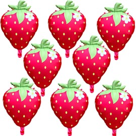 Yoseklpee 8pcs Strawberry Balloons Berry First Birthday Party Supplies Large Strawberry Foil Balloons Fruit Birthday Party Decor for Girls Sweet 1st Birthday Party Decorations