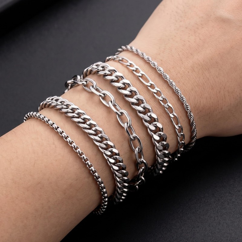 6Pcs Stainless Steel Bracelets for Women Silver Chain Bracelet Set