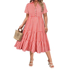 CARCOS Plus Size Dresses for Curvy Women Red White Plaid Short Sleeve Gingham Dress 4th of July Vneck Midi Ruffle Dress with Pocket Button Up Checkered Beach Summer Dresses Wedding Guest 2XL 18W 20W
