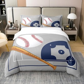 100% Nature Cotton Boys Duvet Cover Full,Retro Baseball Club Hand Drawn Baseball Field Super Soft Bedding Set, Kids Teens Sports Theme Comforter Cover Bedding 3 Piece (No Comforter)