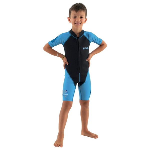 SEAC Dolphin, Shorty Wetsuit Kids a 1,5mm Neoprene Lycra for Swimming, Snorkelling and Playing in The Water Unisex Youth, Black/Light Blue, 3 Years