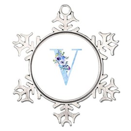 Monogram Initial Letter V Metal Snowflake Ornament Peonies Flower Blue Purple Christmas Tree Hanging Ornaments Christmas Tree Decorations Flowers Pattern Blue Purple Elegant Xmas Keepsake