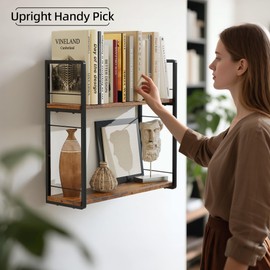 ART-GIFTREE Floating Book Shelves for Wall, 2-Layer Wall Bookshelf for Book Storage, Space Saver, 16in Stud Hanging Shelf, Wood Shelf for Living Room, Bedroom, Office, Dark Brown