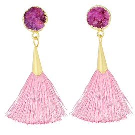 SUNYIK Bohemia Hot Pink Crystal Druzy Dangle Earrings for Women,with Pink Thread Tassel Drop Earrings