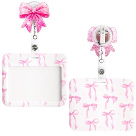 Srotmirw ID Badge Holder Horizontal with Pink Bow Badge Reel Retractable with Alligator Clip Funny Cute Name Tag Card Holder for Worker Doctor Nurse Teacher Office Student Accessories