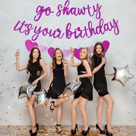Go Shawty Its Your Birthday Banner - Purple Birthday Decorations, Glitter Y2k 2000s Party, Funny Birthday Banner, Purple Rap Theme Happy Birthday And Heart Banner For Women Girls Birthday Party Supply