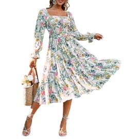 Amegoya Women's Boho Flowy Long Sleeve Spring Dress Smocked Square Neck Tiered Midi Dress(A-Floral M)