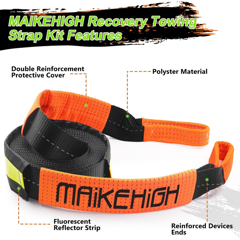 MAIKEHIGH Tow Strap Heavy Duty with Hooks, 2"×16ft 22,000Lbs Tow