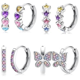 Kakonia 4Pairs Hypoallergenic Small Hoop Earrings - 925 Sterling Silver Post Huggie Hoop Earrings for Girls & Women - Cute Colorful Cubic Zirconia Cartilage Earrings For Sensitive Ears