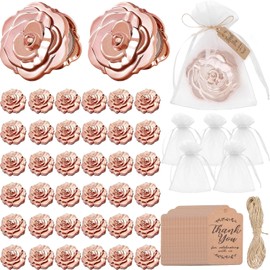Juego 100 espejos compactos de rosa a granel para quinceañera, recuerdos fiesta boda, espejos forma de rosa y etiquetas de agradecimiento, bolsas blancas de organza, regalo recuerdo invitados (100)