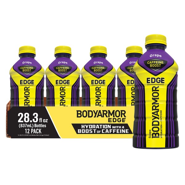 BODYARMOR EDGE Sports Drink with Caffeine, Grape, Potassium-Packed Electrolytes, Caffeine Boost, Natural Flavors With Vitamins, Perfect for Athletes 28.3 Fl Oz (Pack of 12)