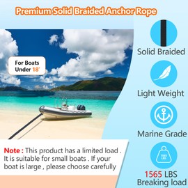 3/8 Inch 50 FT Anchor Rope, Boat Anchor Rope Solid Braid MFP, Anchor Line with 316 Stainless Steel Thimble and Snap Hook - Black