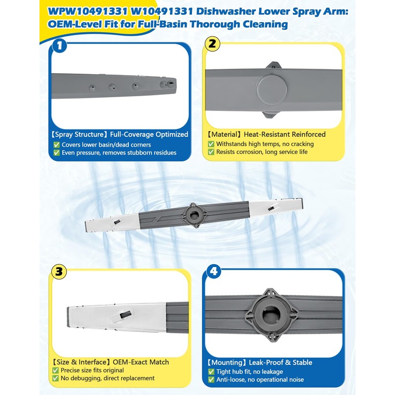 WPW10491331 Dishwasher Lower Spray Arm Fits Whirlpool Maytag Amana Admiral