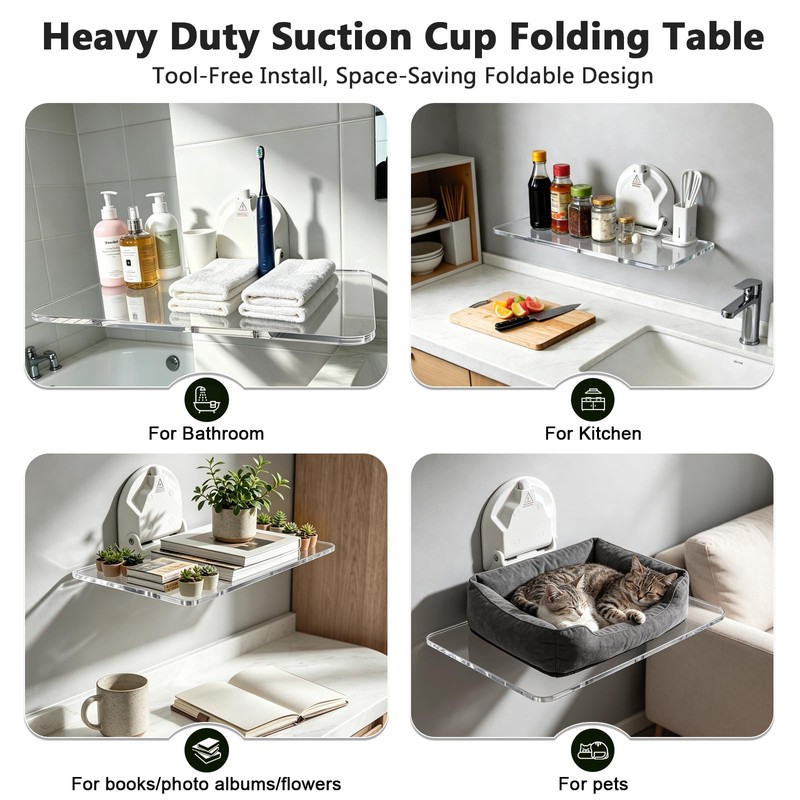 Suction Cup Foldable Table, 220lbs Load Capacity Floating Shelf, Removable