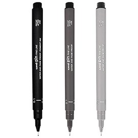 Uni Pin Fineliner Drawing Pen 0.1mm Tip Black Dark Grey and Light Grey Ink (Pack of 3)