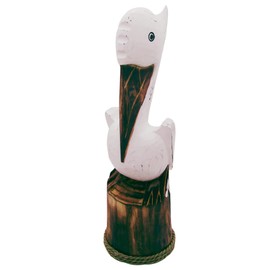 Pelican Sitting on Piling Wooden Figurine Statue, Freestanding Nautical Décor, Beach Themed Decoration, 20 Inches