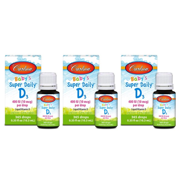 Carlson - Baby's Super Daily D3, Baby Vitamin D Drops, 400 IU (10 mcg) per Drop, Vegetarian, Liquid Vitamin D Drops for Infants and Toddlers, Unflavored, 365 Drops (3 Pack)
