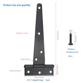 T Hinges,4 Pcs 8 Inch T Strap Heavy Duty Black Metal Door Hinges, Used for Wood Doors, Outdoor Wooden Fences, Shed Doors, Gates,Cabinets,Windows(100/150/200mm) (8 inch)