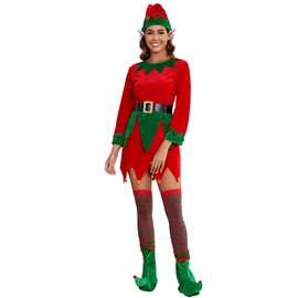 KASBAH 6 Pack Women Christmas Elf Costume Set Xmas Santa's Helper Costume Outfit For Cosplay Elf Hat Santa Dress Stocking Shoe Belt