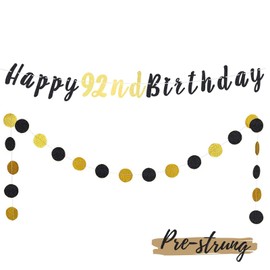LASKYER Happy 92nd Birthday Bunting Banner with Black & Gold Glitter Circle Dots Set Perfect for 92 Years Old Birthday Party Decorations.