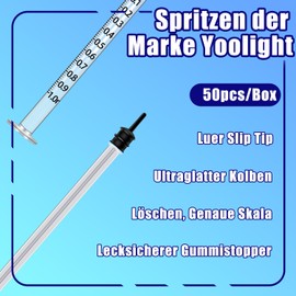Pack of 50 1 ml plastic syringes with caps, 1 ml syringe for refilling and measuring liquids, scientific laboratories, pet feeding