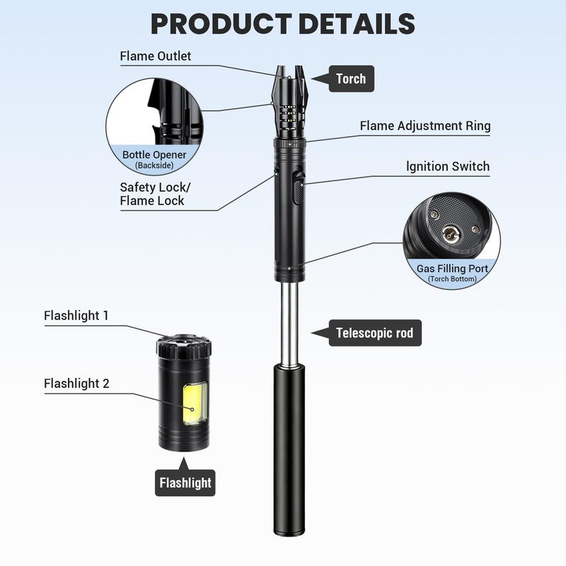 Windproof Torch Lighter, Long Camping Lighter Refillable Butane Gas -