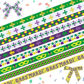 Estivaux 9 Pieces Mardi Gras Ribbons 3/8" Wide Purple Green Grosgrain Ribbon Fleur de Lis Ribbon Fat Tuesday Buffalo Plaid Craft Ribbons for Gift Wrapping Mardi Gras Masquerade Party Decor, 27 Yards