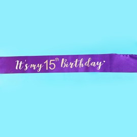 Its My 15th Birthday Sash, Birthday Girl Sash for Boy Birthday Gifts Party Decorations and Supplies, Purple with Silver