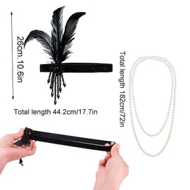 1920s Flapper Headband Faux Pearls Necklace Set Beaded Flapper Headpiece Feather Great Gatsby Costume Accessories Pearl Necklace Costume Jewellery Faux Pearl Necklace Costume 1920s Jewellery Set