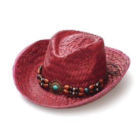 Faux Raffia Straw Western Cowboy Cowgirl Hat for Women or Ladies - Cute Wide Brim Decorative Bands - Perfect for Summer (US, Alpha, One Size, Medium, Red)