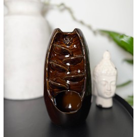 pf+a Ceramic Backflow Incense Burner, Brown Glazed Waterfall Design (Dark Brown)