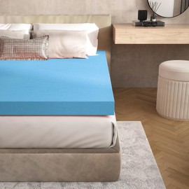 Jacia House 3 Inch Bed Foam RV Mattress Topper Short Queen in a Box, Trailer Bed Topper, Plush Feel Pressure Relieving Certi PUR-US Certified Camper Essentials Mattress Pad Blue