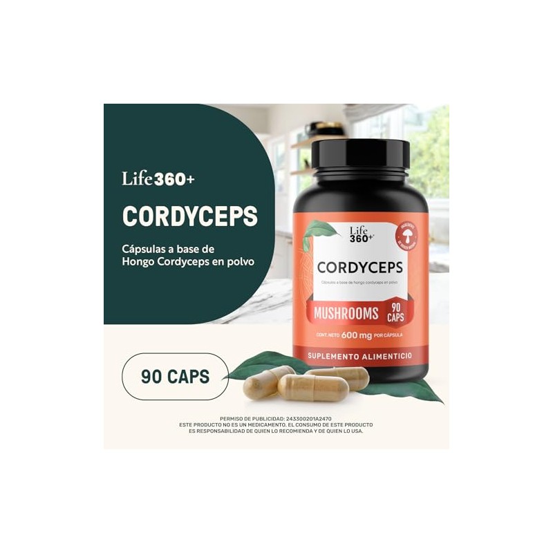 LIFE 360 Cordyceps Extracto Puro de Hongo Cordyceps 1200mg, 90