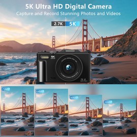 5K Digital Camera for Photography & Video – 75MP UHD Vlogging Camera with WiFi, Autofocus, 3" Flip Screen, 18X Zoom – Compact Travel Camera for YouTube with 64GB SD Card (Pro Kit, Black)