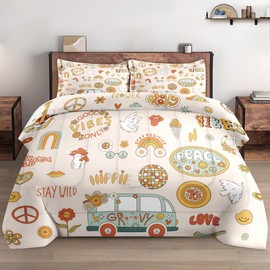 WeCozy Queen Size Comforter Set with 2 Pillowcases, Retro 70S Funny Hippie Psychedelic Soft 3 Pcs Bedding for Kids and Adults Bedroom Bed Decor