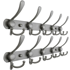 Dseap Coat Rack Wall Mounted - 5 Tri Hooks, Heavy Duty, Stainless Steel, Metal Coat Hook Rail for Coat Hat Towel Purse Robes Mudroom Bathroom Entryway (Grey, Pack of 2)