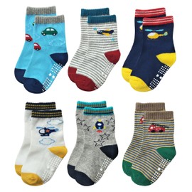 RATIVE Non Skid Anti Slip Slipper Cotton Crew Socks With Grips for Baby Toddlers Kids Boys 1-3T, 6-pairs/RB-711