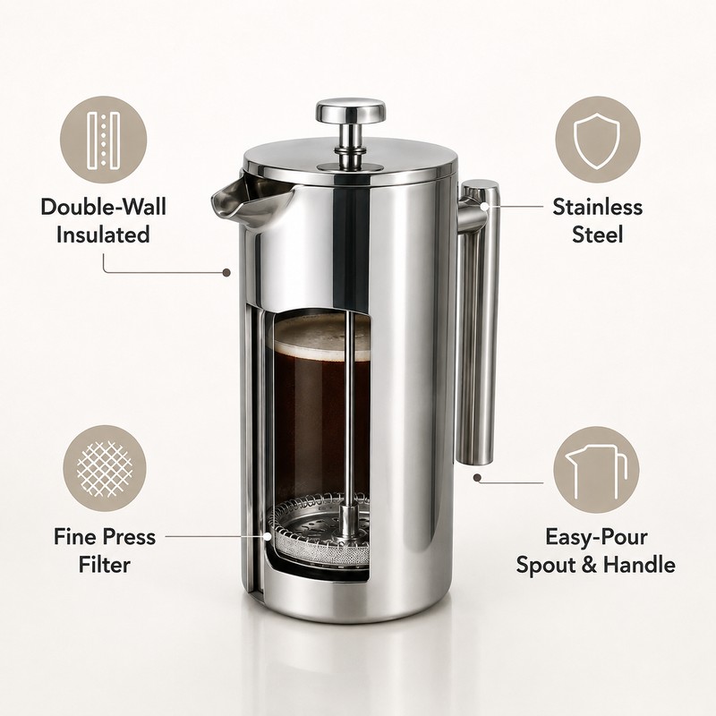 French Press Coffee Maker for Home and Office - Double-Wall